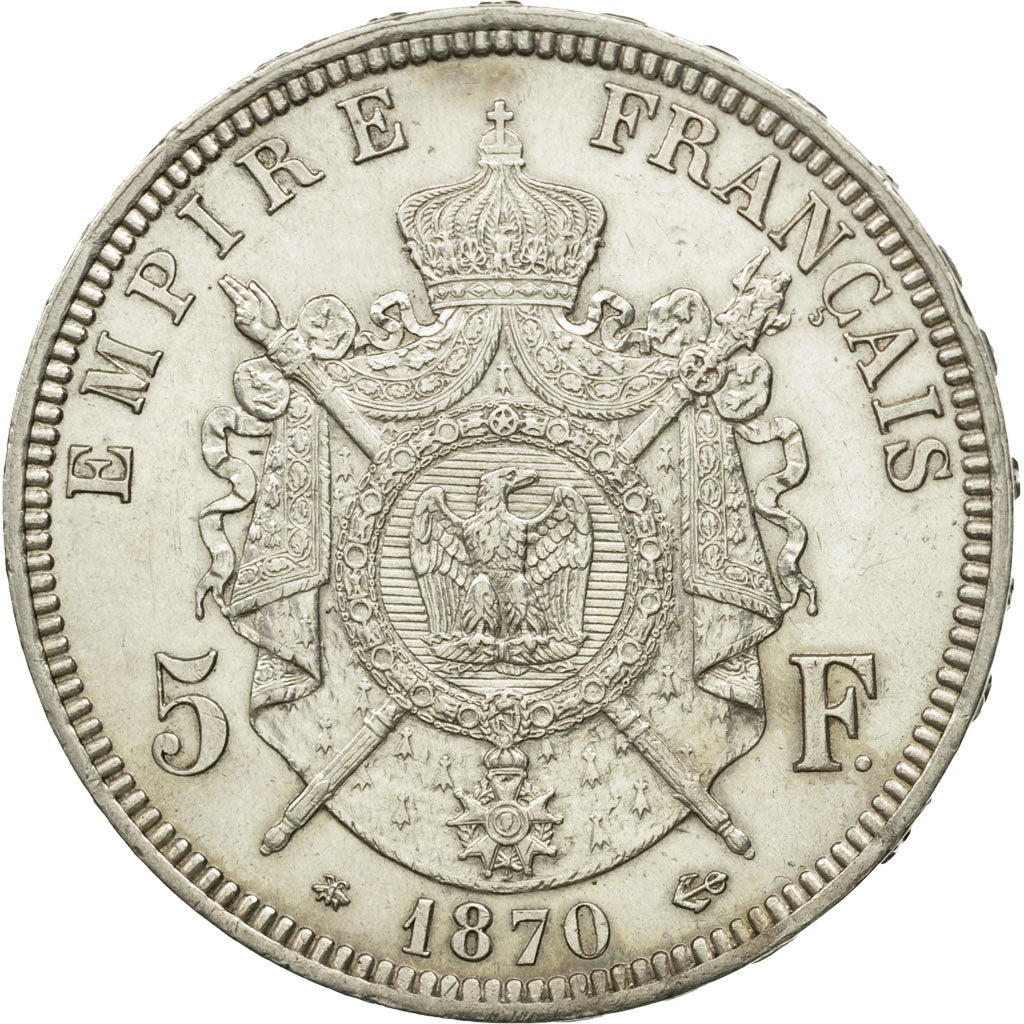 France, Napoleon III, 5 Francs, 1870, Paris, AU(55-58), Silver, KM 799.1