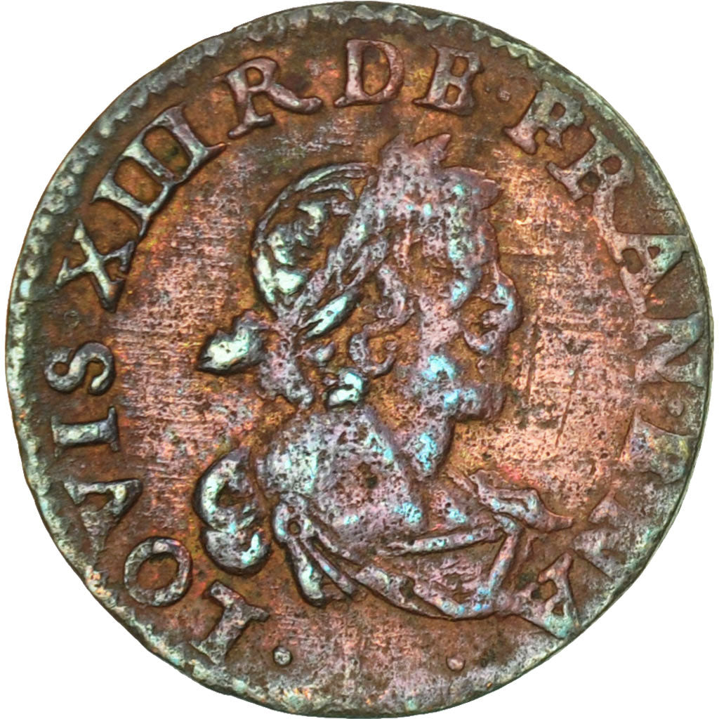 France, Louis XIII, Double tournois, buste laurée et drapé, 1639, Feurs, KM 86.7