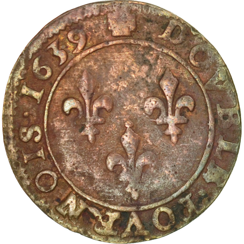 France, Louis XIII, Double tournois, buste laurée et drapé, 1639, Feurs, KM 86.7
