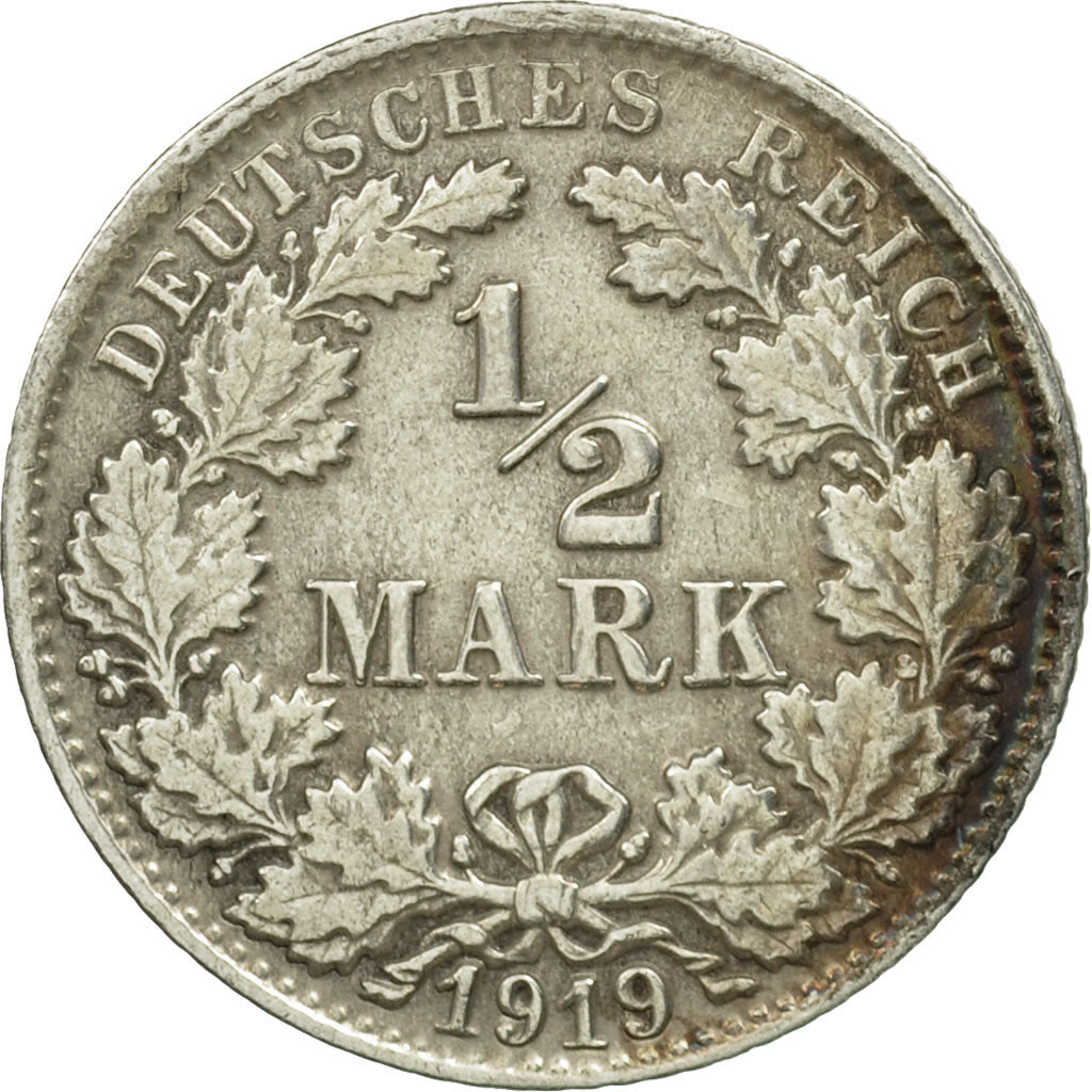 Coin, GERMANY - EMPIRE, 1/2 Mark, 1919, Stuttgart, EF(40-45), Silver, KM:17