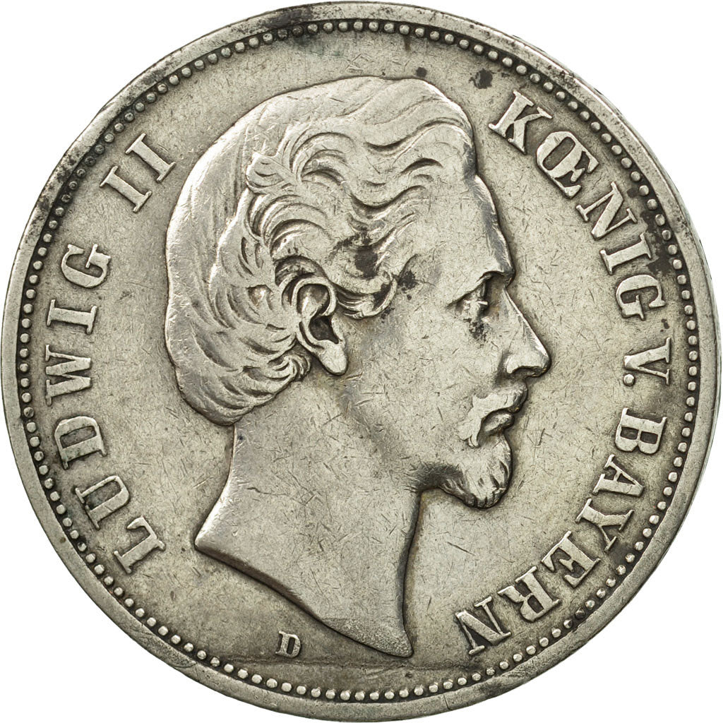 German States, BAVARIA, Ludwig II, 5 Mark, 1876, Munich, VF(30-35), KM 896