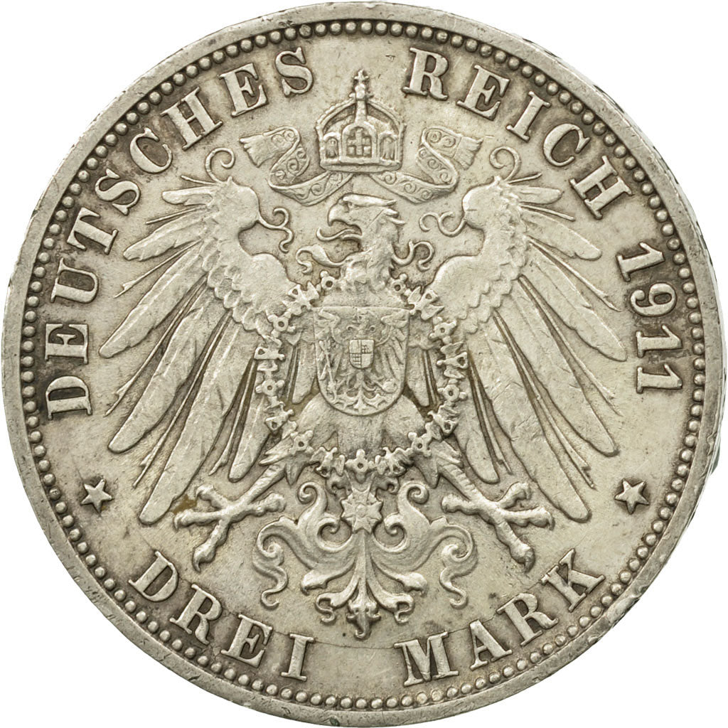 Stati tedeschi, WURTTEMBERG, Wilhelm II, 3 Mark, 1911, Freudenstadt, KM 636