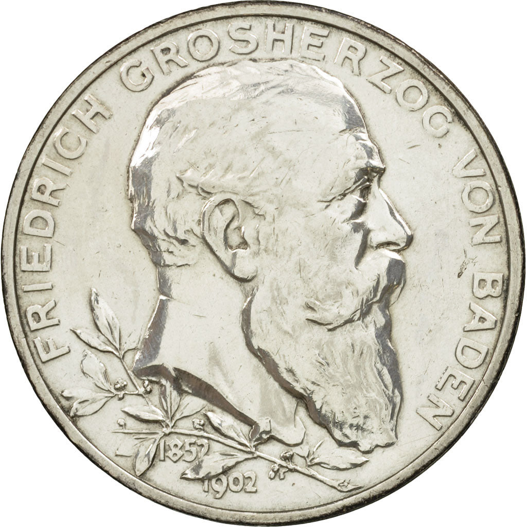 German States, BADEN, Friedrich I, 5 Mark, 1902, EF(40-45), Silver, KM:273