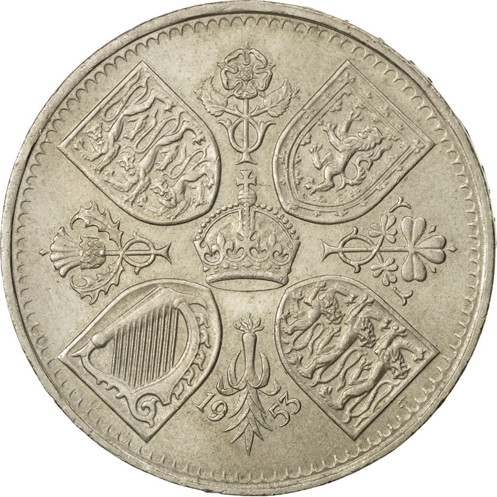 Great Britain, Elizabeth II, Crown, 1953, AU(55-58), Copper-nickel, KM:894