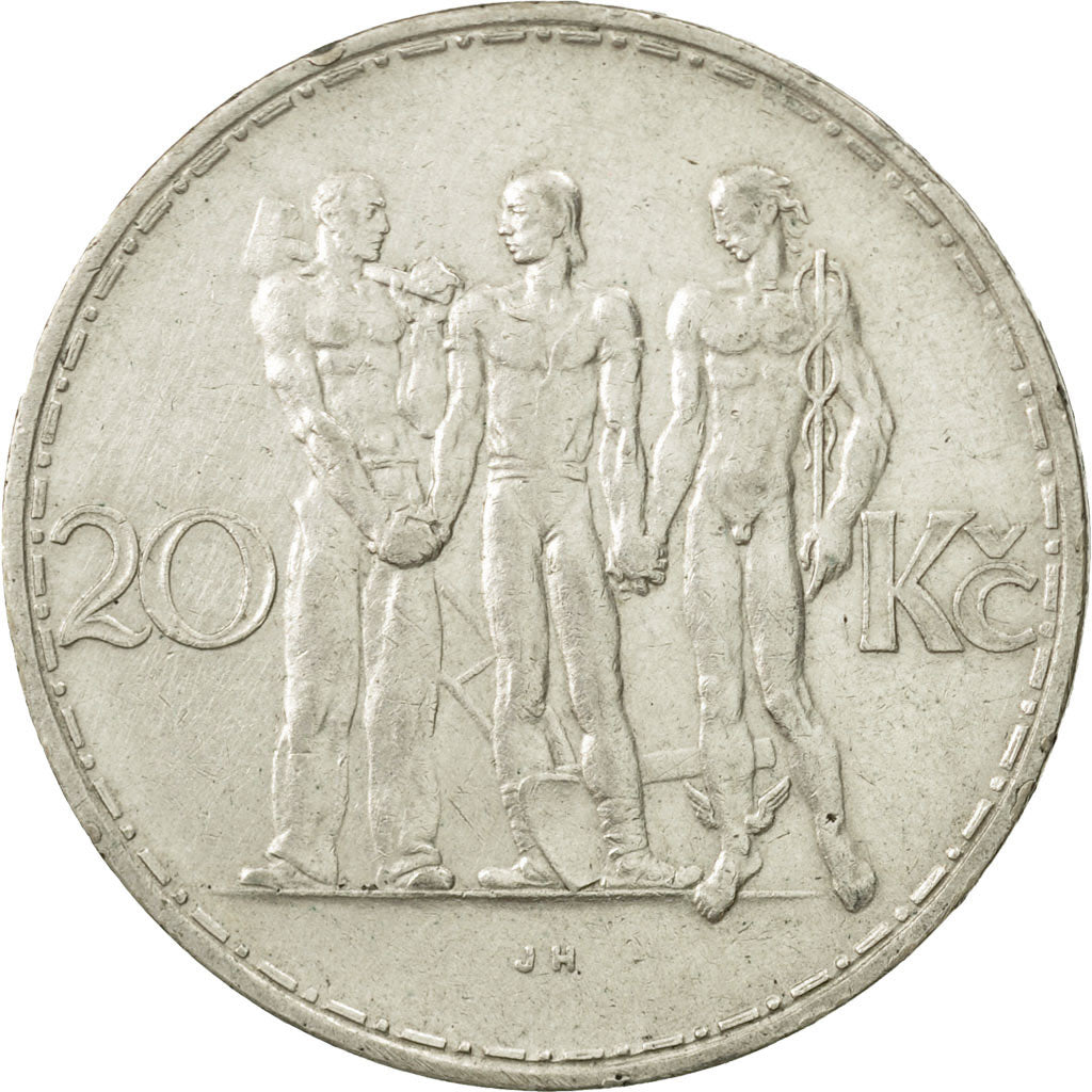 Czechoslovakia, 20 Korun, 1933, AU(50-53), Silver, KM:17