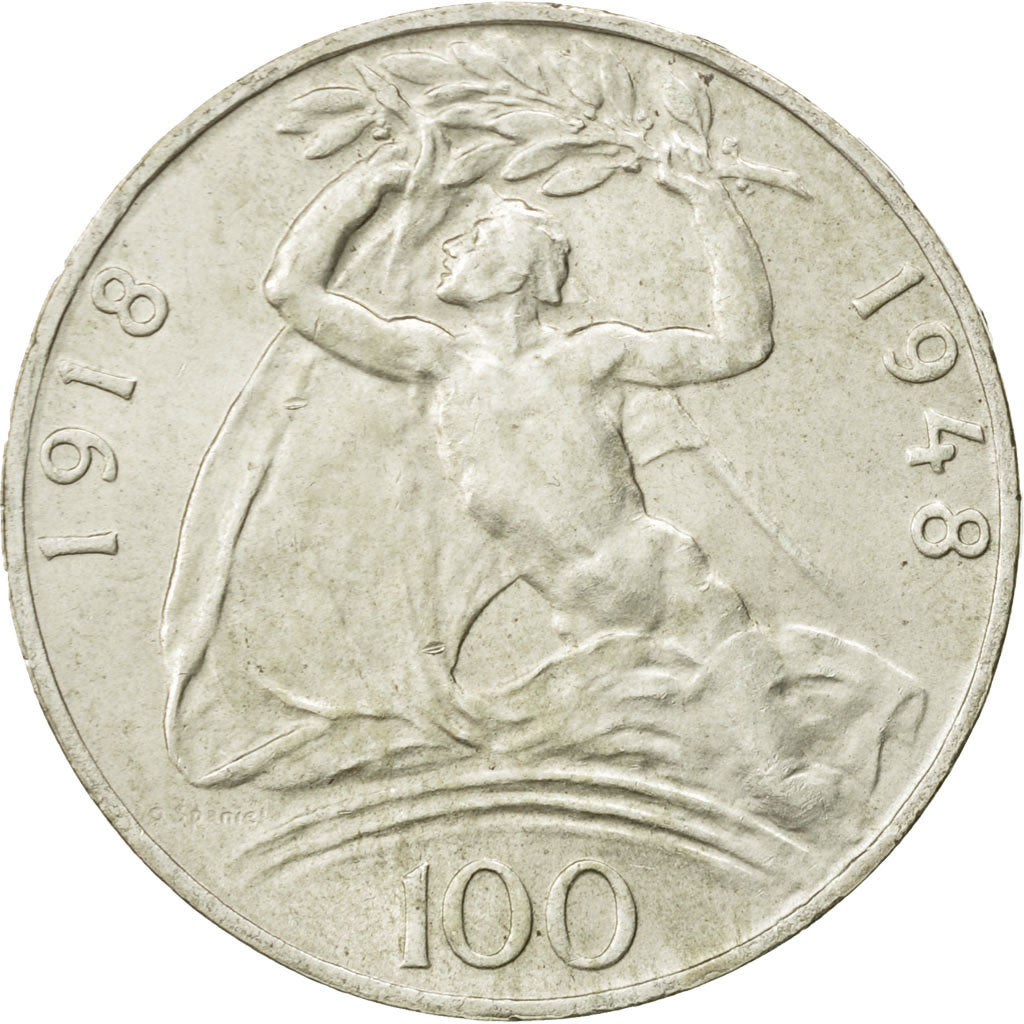 Czechoslovakia, 100 Korun, 1948, AU(55-58), Silver, KM:27