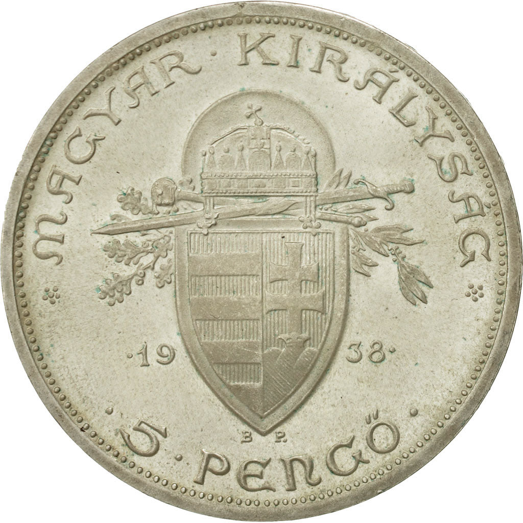 Hungary, 5 Pengö, 1938, MS(60-62), Silver, KM:516