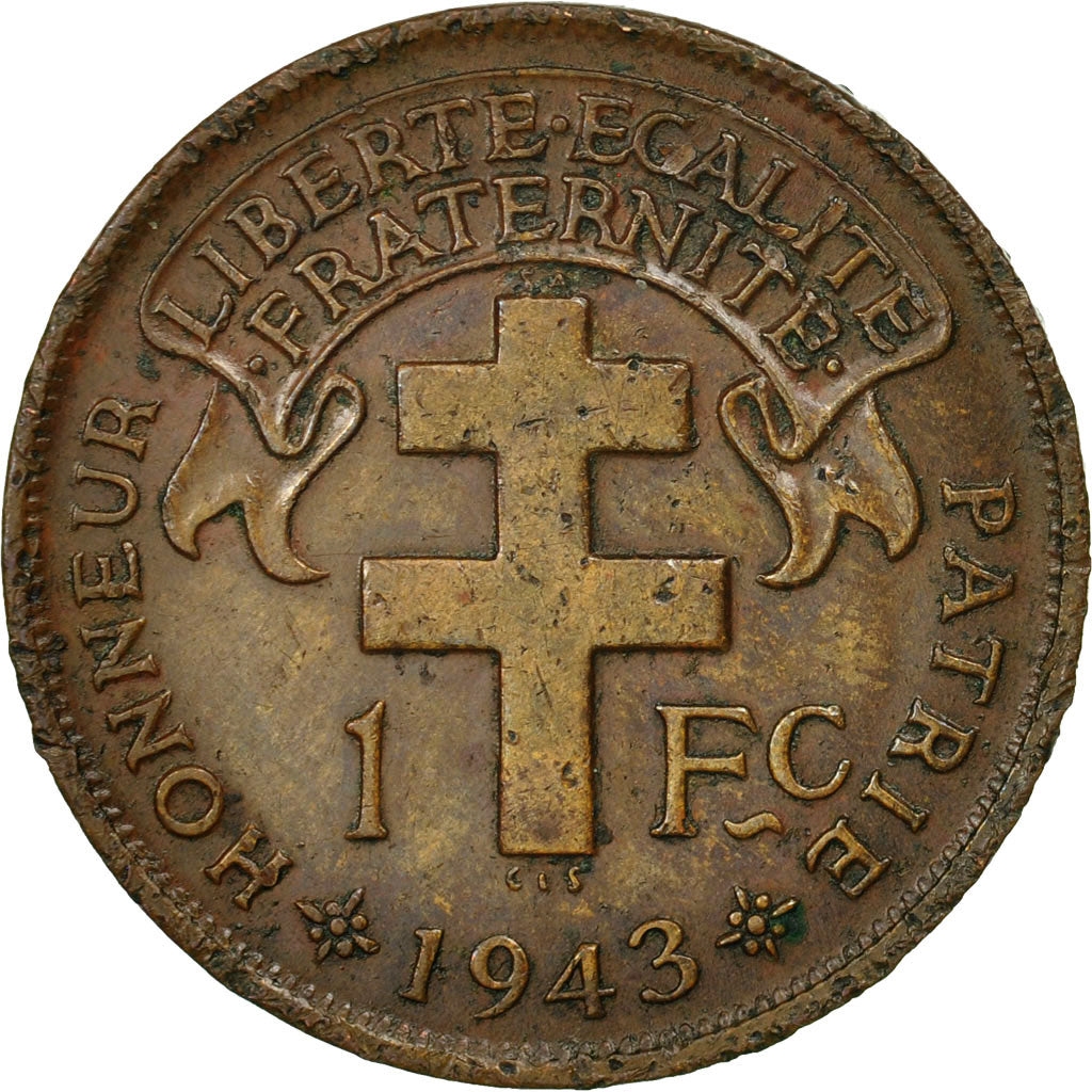 Cameroon, Franc, 1943, Pretoria, EF(40-45), Bronze, KM:7, Lecompte:16