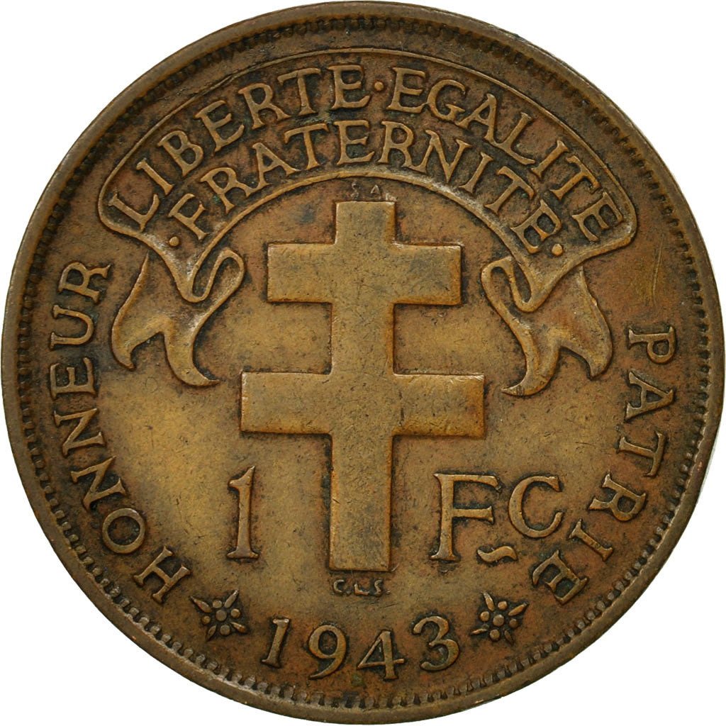French Equatorial Africa, Franc, 1943, Pretoria, EF(40-45), Bronze, KM:2a