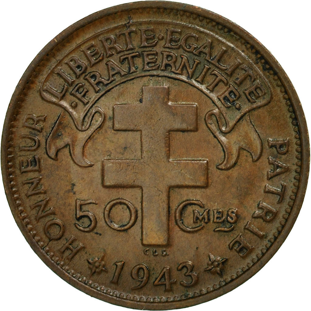 French Equatorial Africa, 50 Centimes, 1943, Pretoria, EF(40-45), Bronze, KM:1a