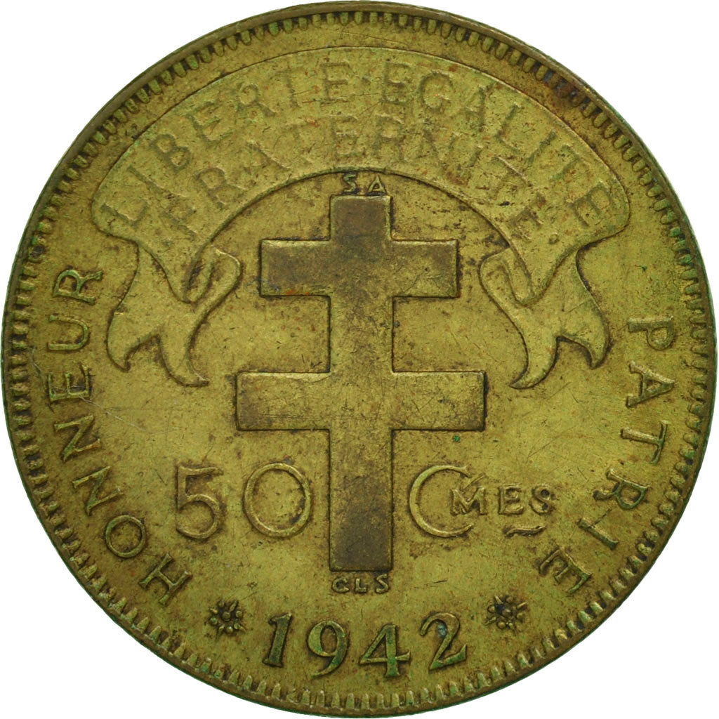 French Equatorial Africa, 50 Centimes, 1942, Pretoria, EF(40-45), Brass, KM:1