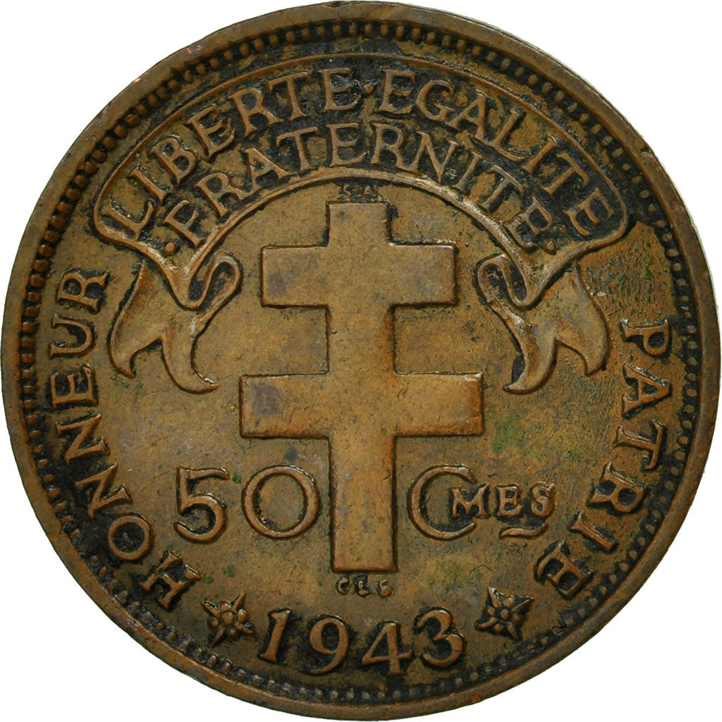 Madagascar, 50 Centimes, 1943, Pretoria, EF(40-45), Bronze, KM:1, Lecompte:93