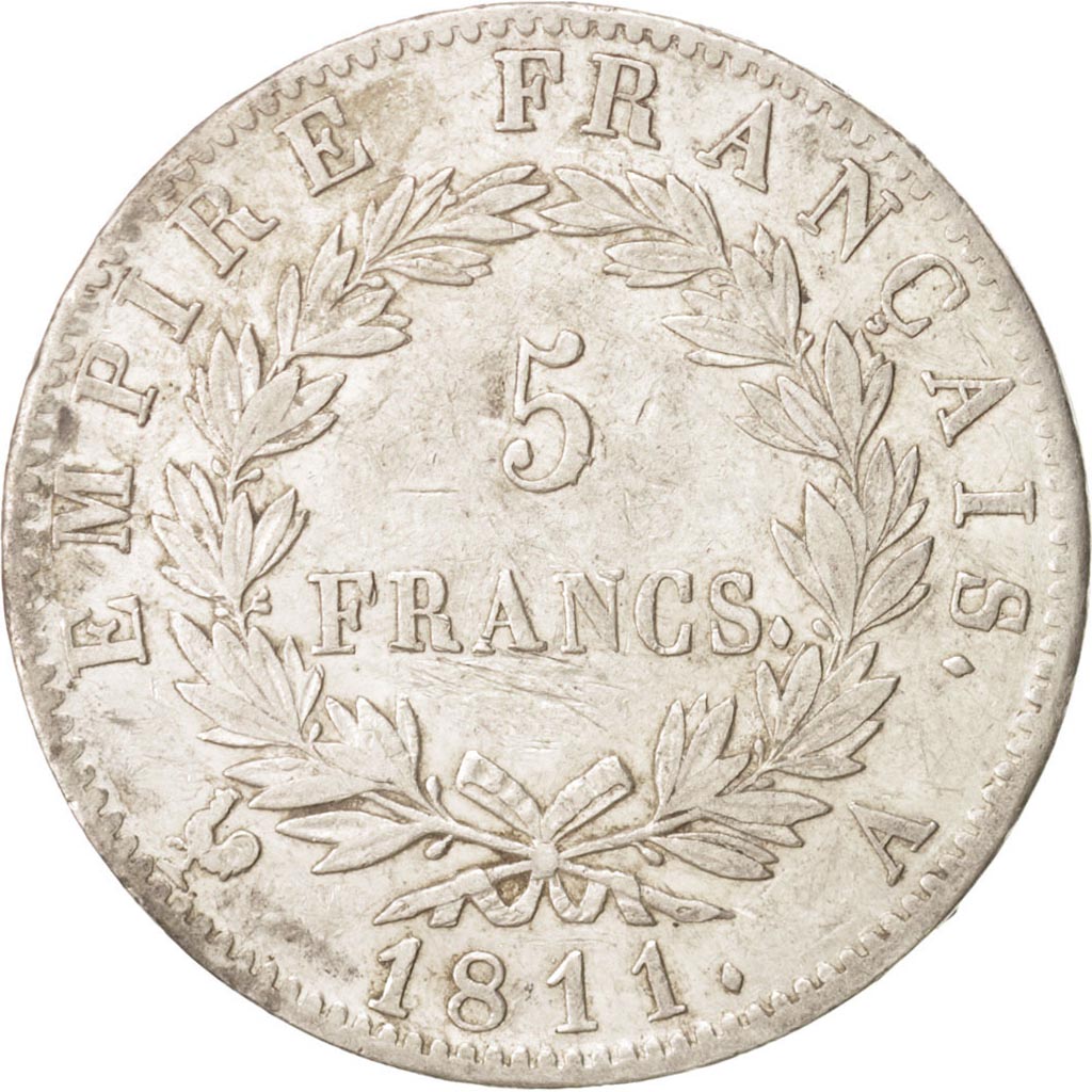 Moneda, Francia, Napoléon I, 5 Francs, 1811, Paris, MBC+, Plata, KM:694.1