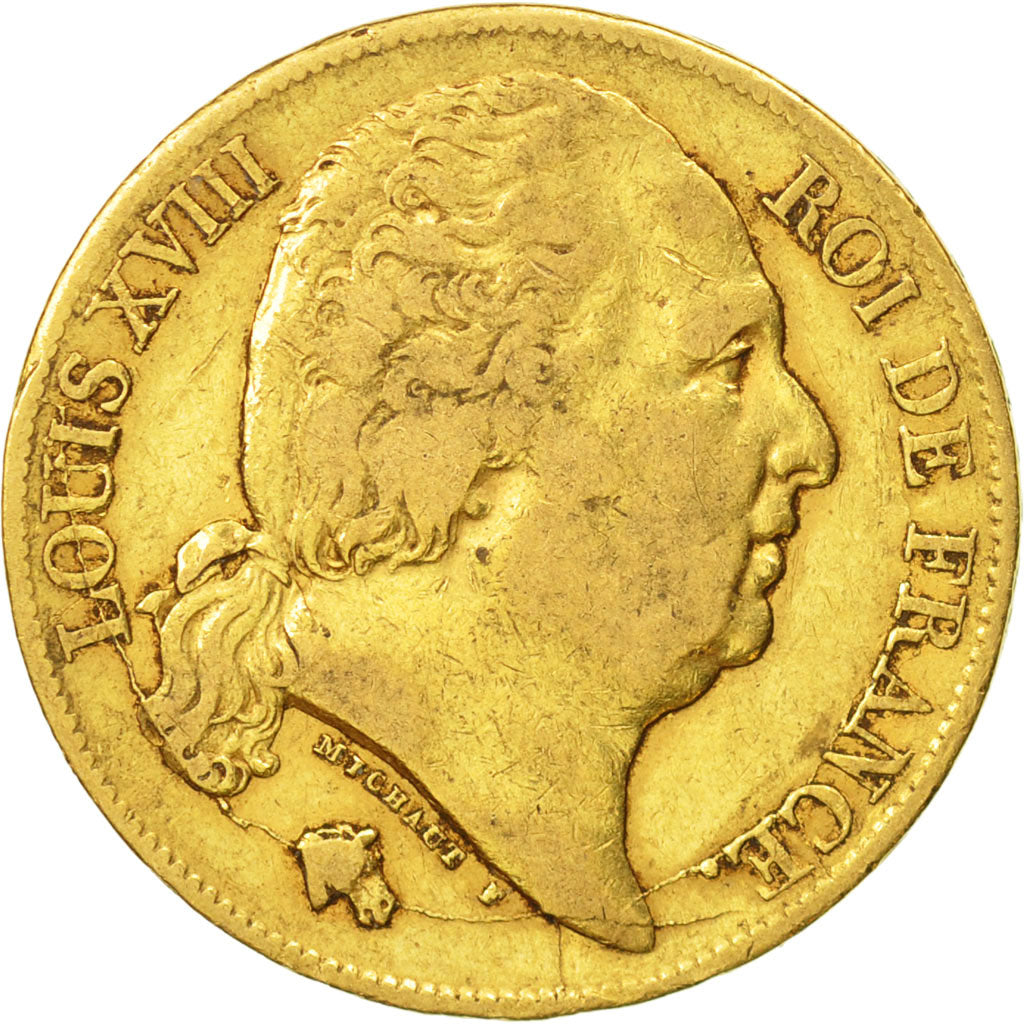 France, Louis XVIII, 20 Francs, 1820, Paris, VF(30-35),Gold,KM 712.1,Gadoury1028