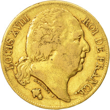 France, Louis XVIII, 20 Francs, 1820, Paris, VF(30-35),Gold,KM 712.1,Gadoury1028