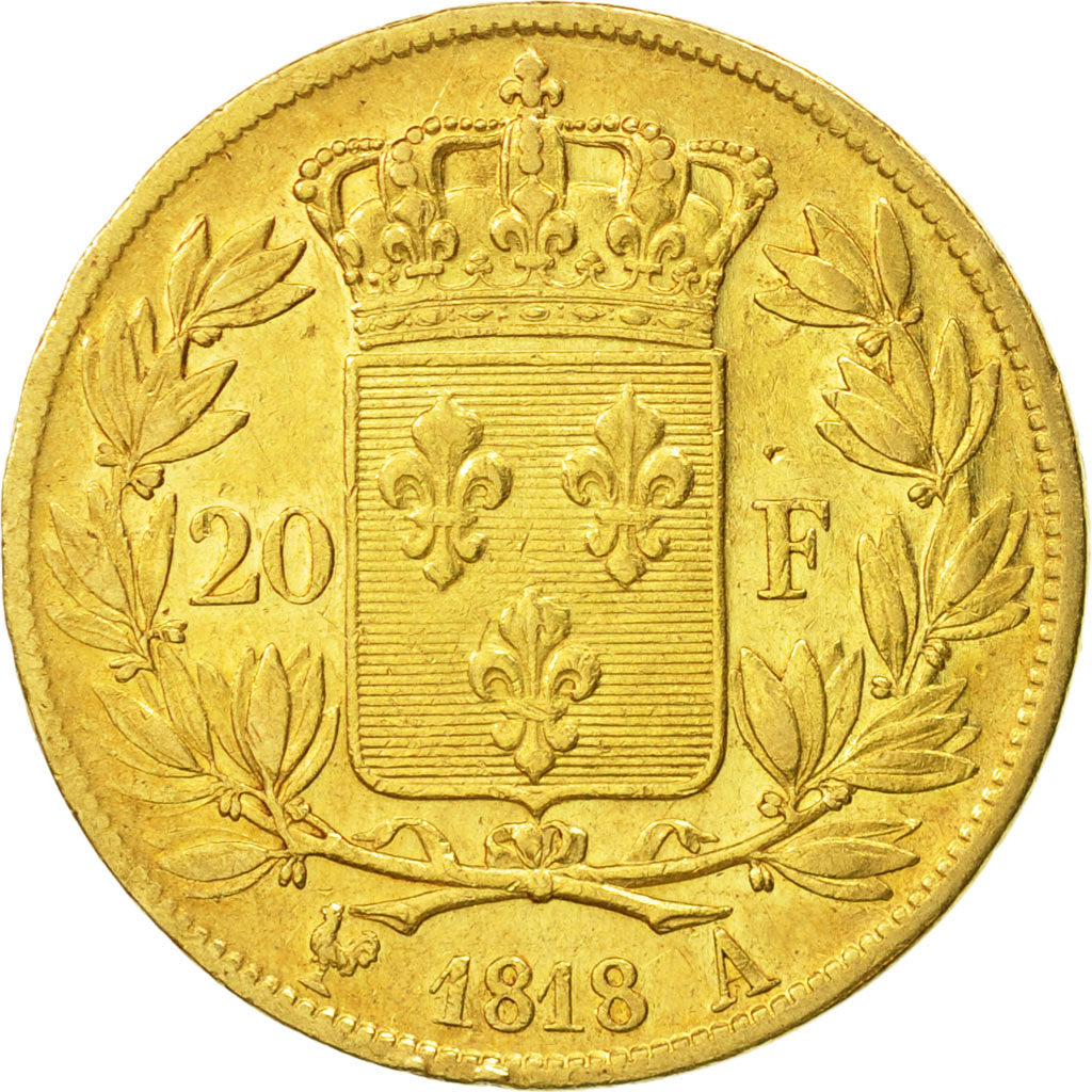 France, Louis XVIII, 20 Francs, 1818, Paris, AU(50-53),Gold,KM 712.1,Gadoury1028