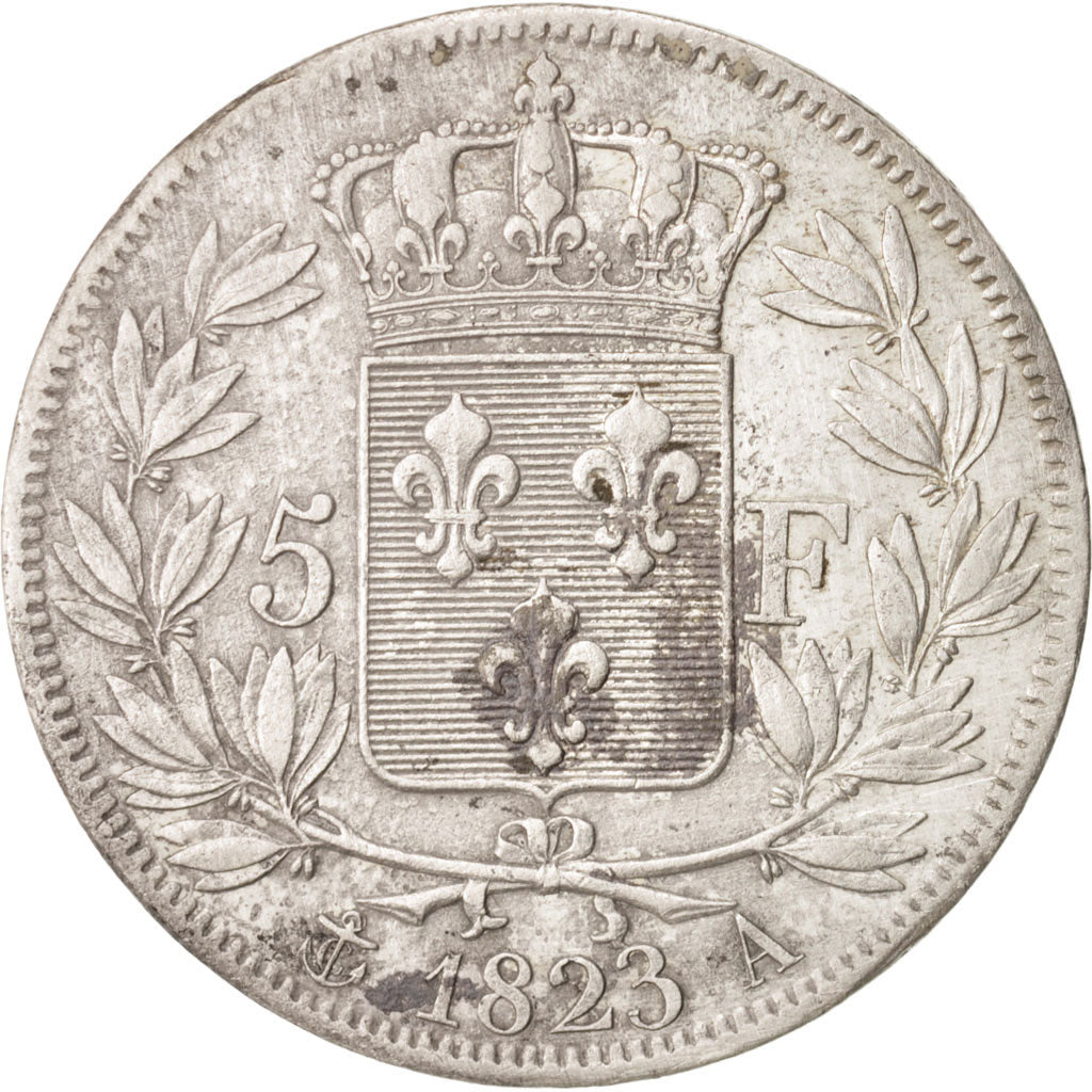 Moneta, Francia, Louis XVIII, Louis XVIII, 5 Francs, 1823, Paris, BB+, Argento