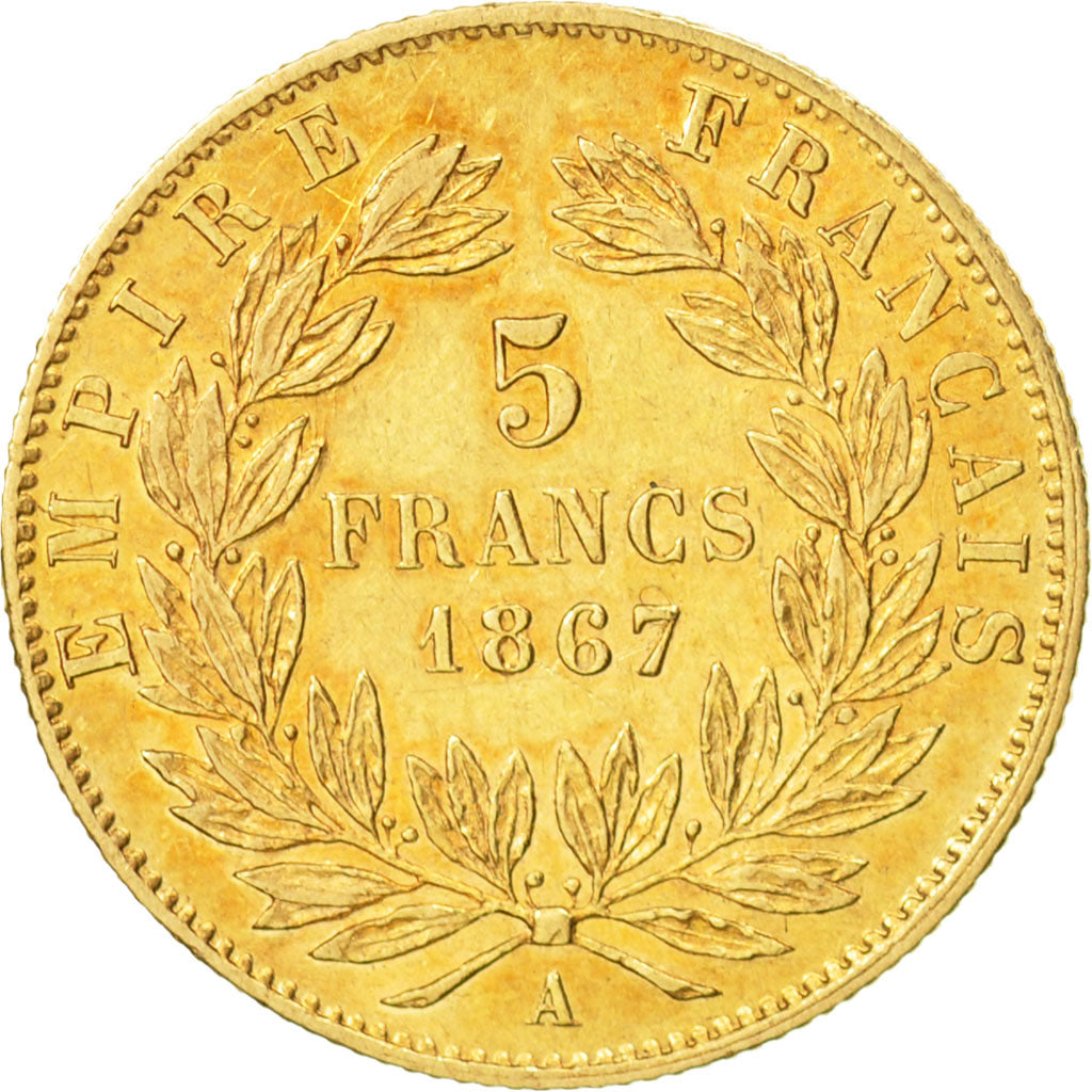 France, Napoleon III, 5 Francs, 1867, Paris, AU(50-53),Gold,KM 803.1,Gadoury1002