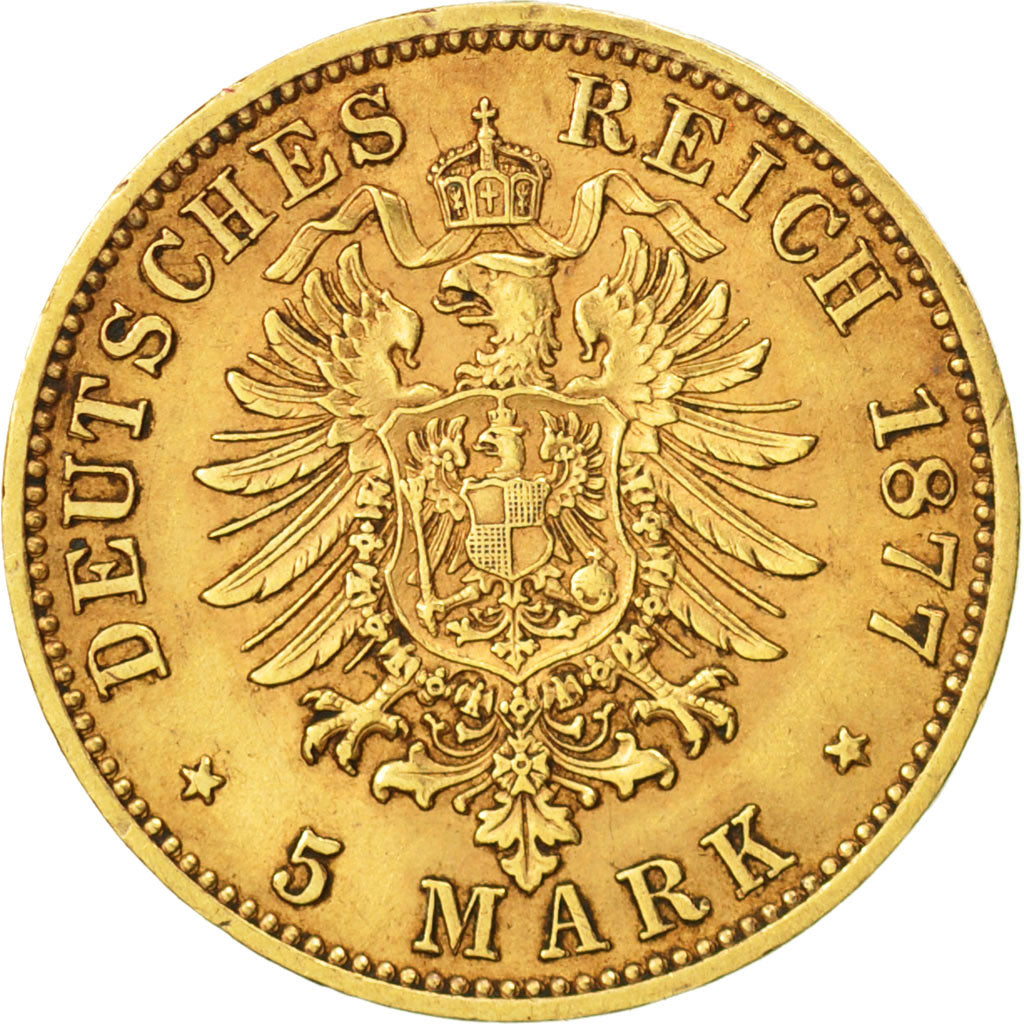 Coin, German States, PRUSSIA, Wilhelm I, 5 Mark, 1877, Cleves, EF(40-45), Gold