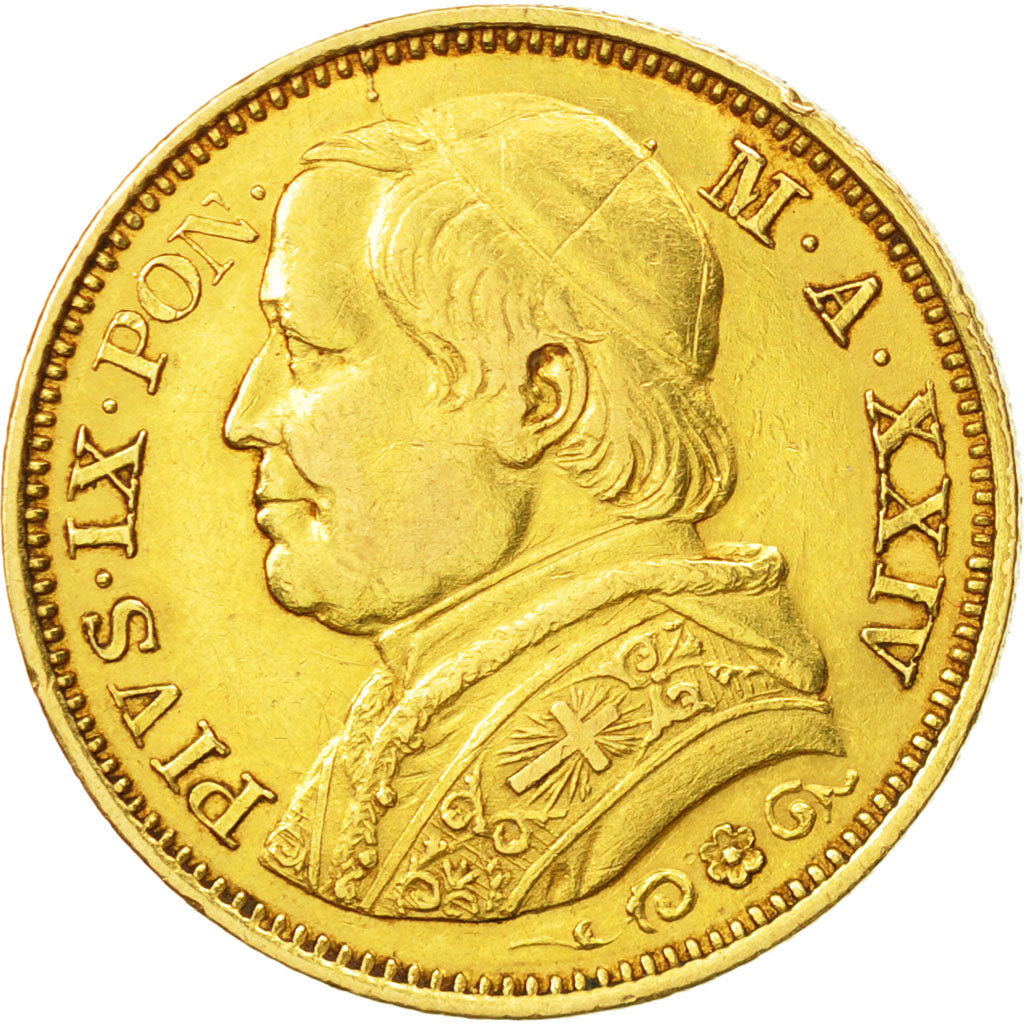 PAPAL STATES, Pius IX, 20 Lire, 1869, Roma, EF(40-45), Gold, KM 1382.4