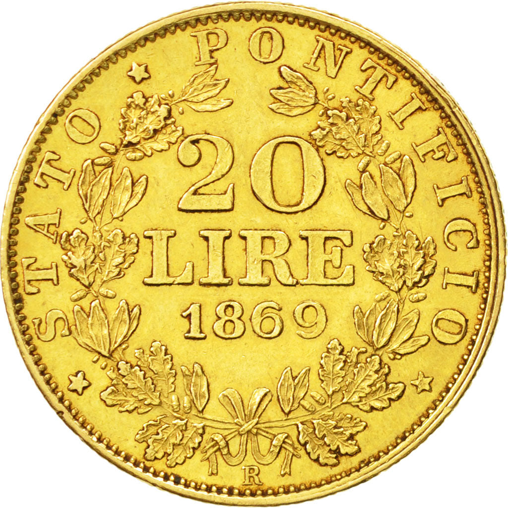 PAPAL STATES, Pius IX, 20 Lire, 1869, Roma, EF(40-45), Gold, KM 1382.4