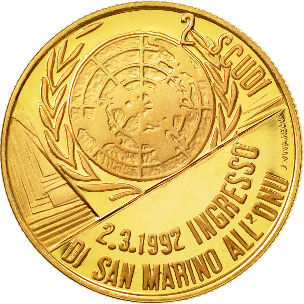 San Marino, 2 Scudi, 1992, MS(65-70), Gold, KM:289