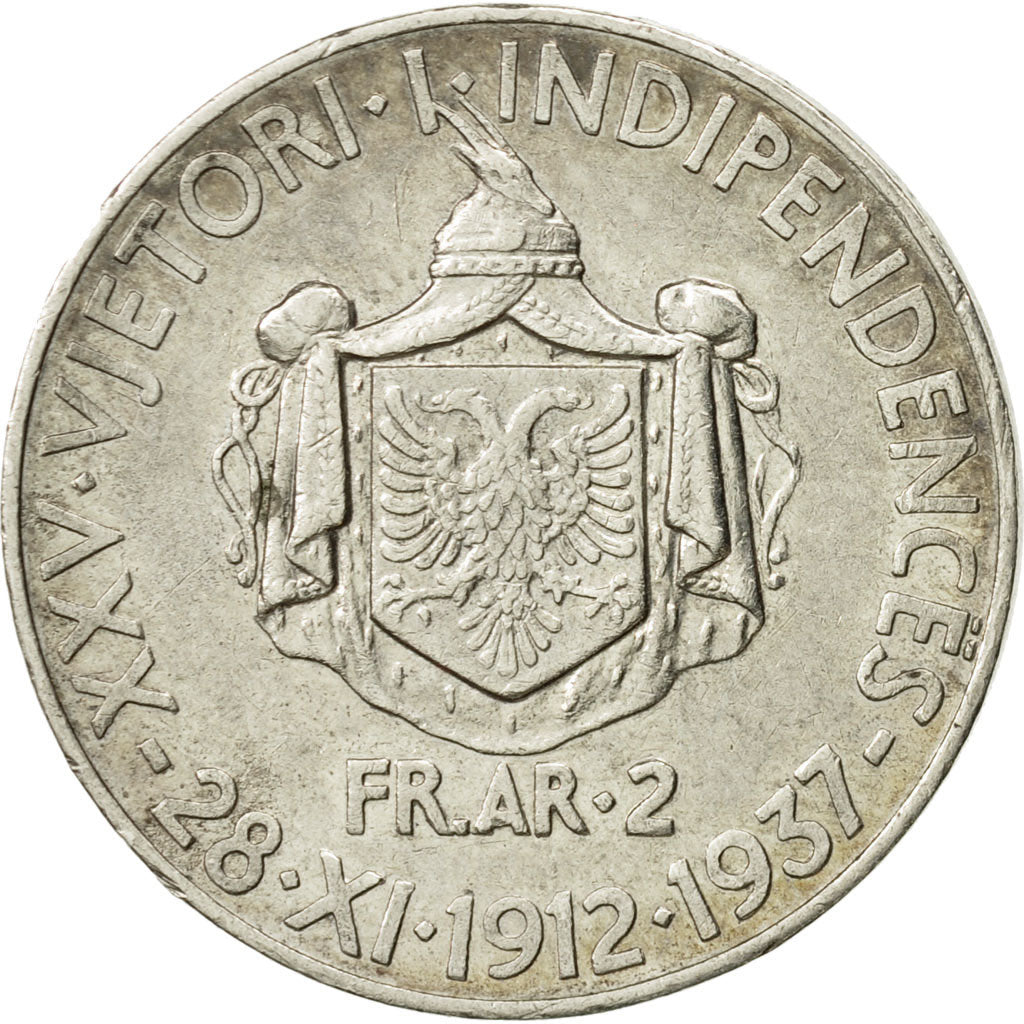 Coin, Albania, Zog I, 2 Franga Ari, 1937, Rome, EF(40-45), Silver, KM:19