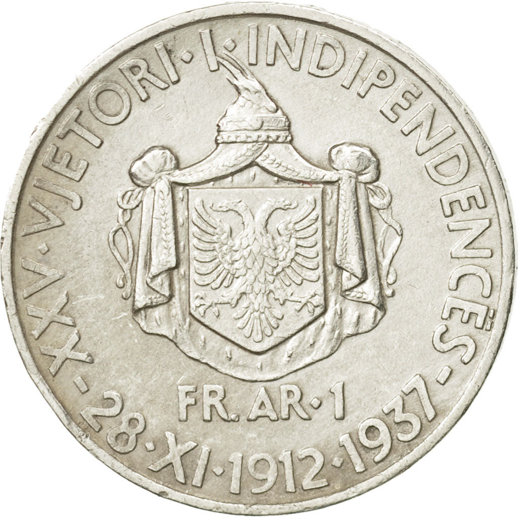 Coin, Albania, Zog I, Frang Ar, 1937, Rome, AU(50-53), Silver, KM:18