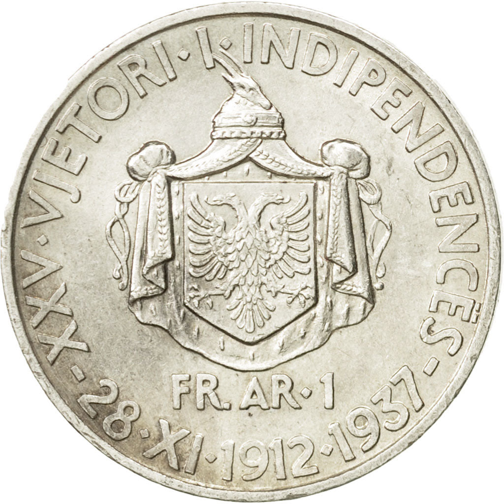 Coin, Albania, Zog I, Frang Ar, 1937, Rome, AU(50-53), Silver, KM:18
