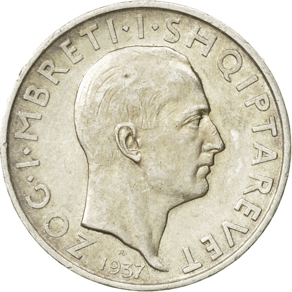 Coin, Albania, Zog I, Frang Ar, 1937, Rome, AU(50-53), Silver, KM:18