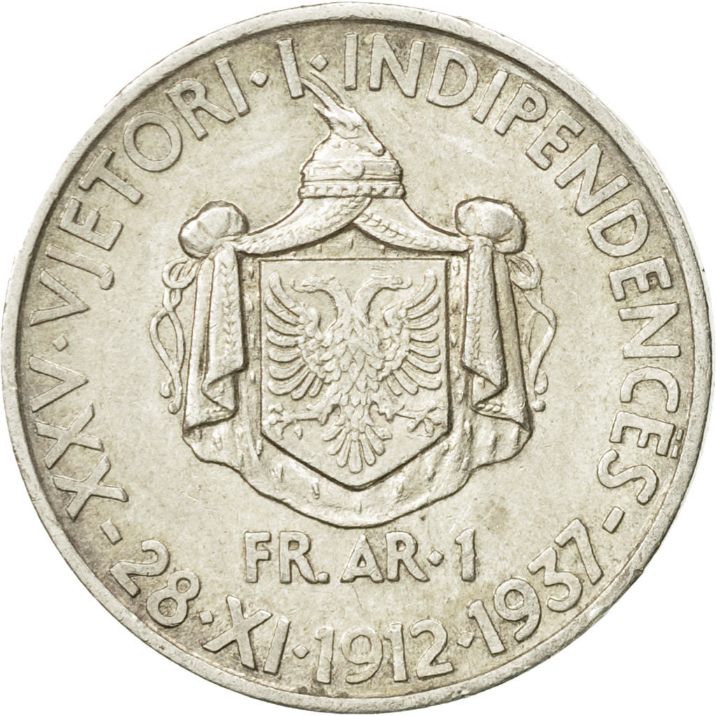 Coin, Albania, Zog I, Frang Ar, 1937, Rome, AU(50-53), Silver, KM:18