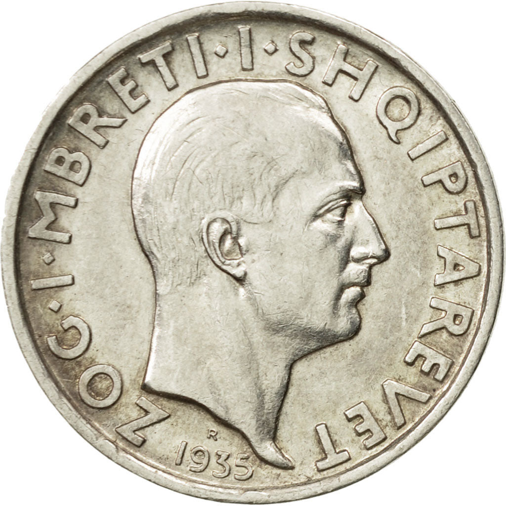 Coin, Albania, Zog I, Frang Ar, 1935, Rome, AU(50-53), Silver, KM:16