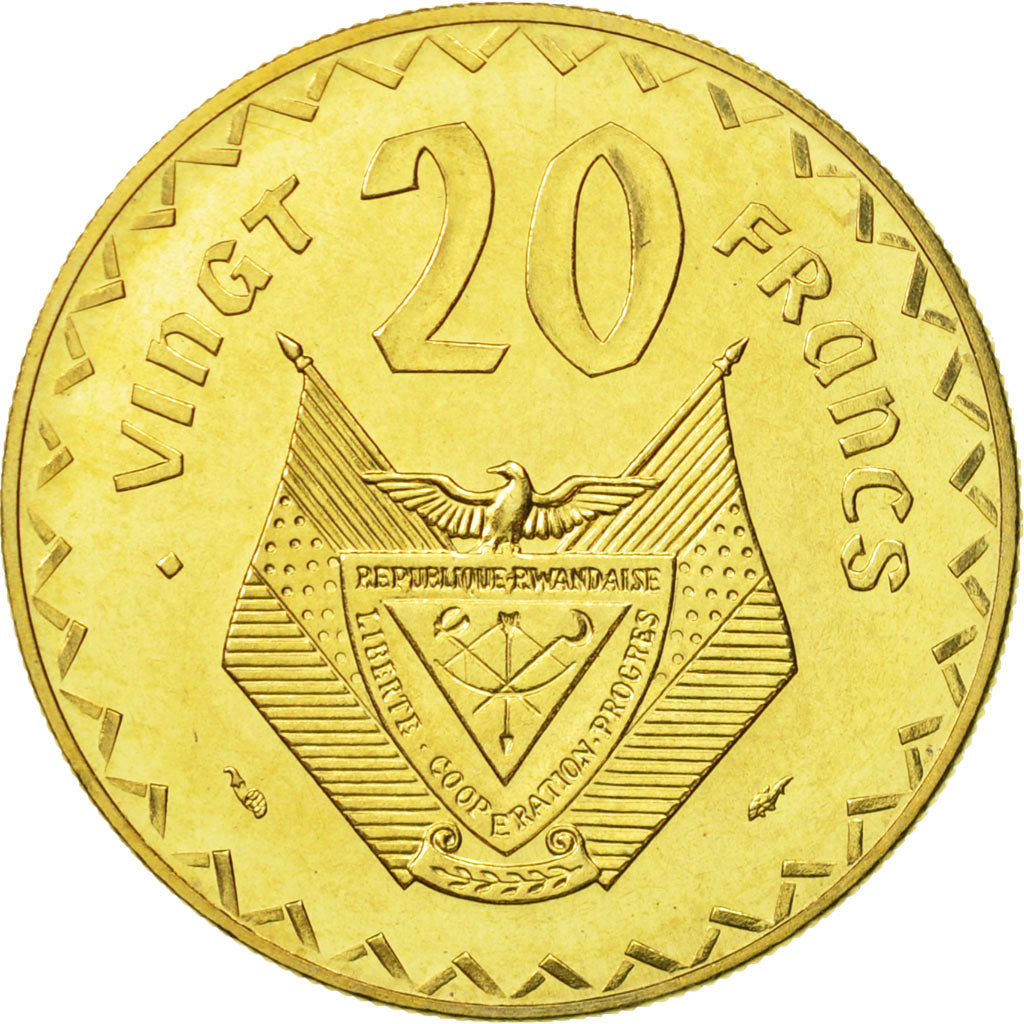 Coin, Rwanda, 20 Francs, 1977, MS(65-70), Brass, KM:E6