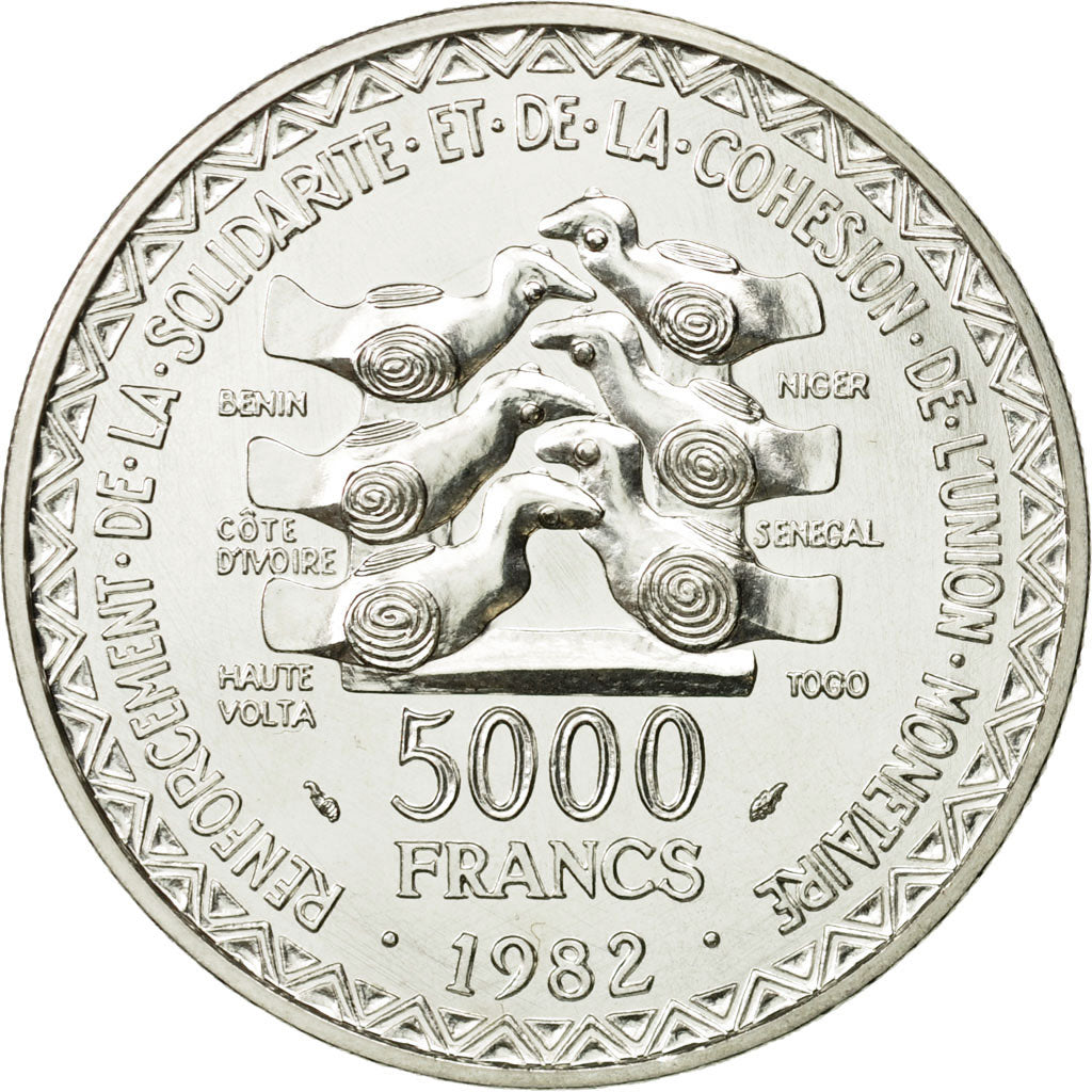 Coin, West African States, 5000 Francs, 1982, MS(65-70), Silver, KM:E13