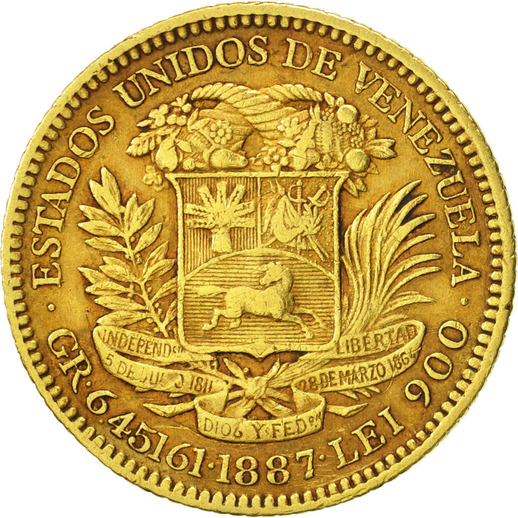 Venezuela, 20 Bolivares, 1887, Caracas, VF(30-35), Gold, KM:32