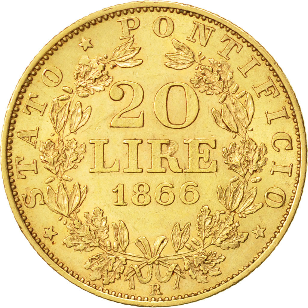 Coin, ITALIAN STATES, PAPAL STATES, Pius IX, 20 Lire, 1866, Roma, AU(50-53)