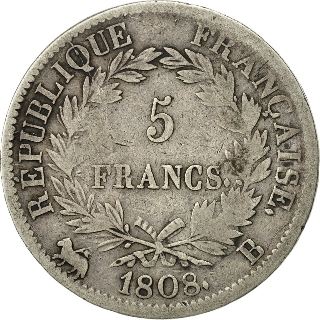 France, Napoléon I, 5 Francs, 1808, Rouen, VF(20-25), Silver, KM:686.2