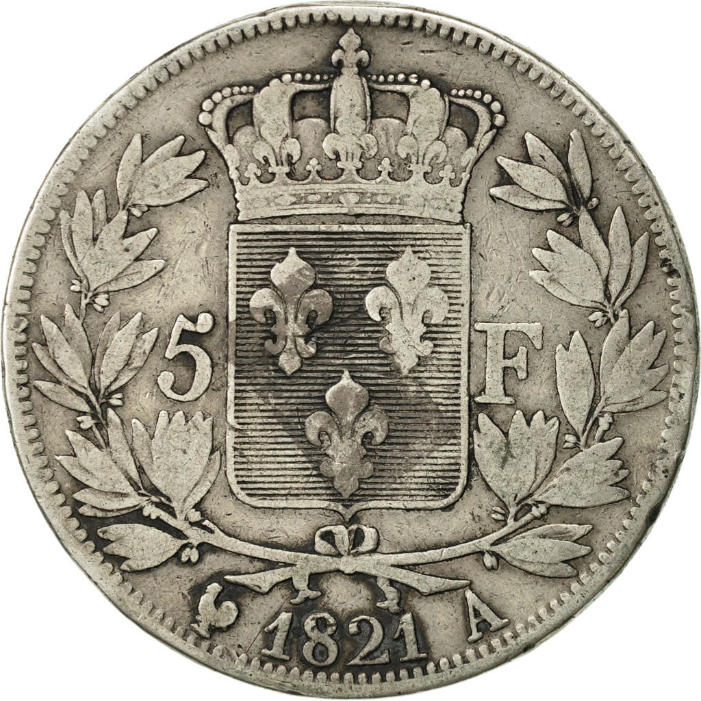 France, Louis XVIII, 5 Francs, 1821, Paris, VF(20-25), KM 711.1, Gadoury 614