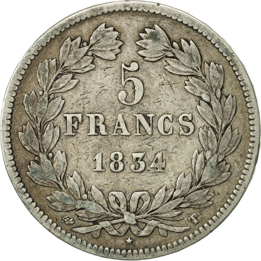 Moneda, Francia, Louis-Philippe, 5 Francs, 1834, Nantes, BC+, Plata, KM:749.12