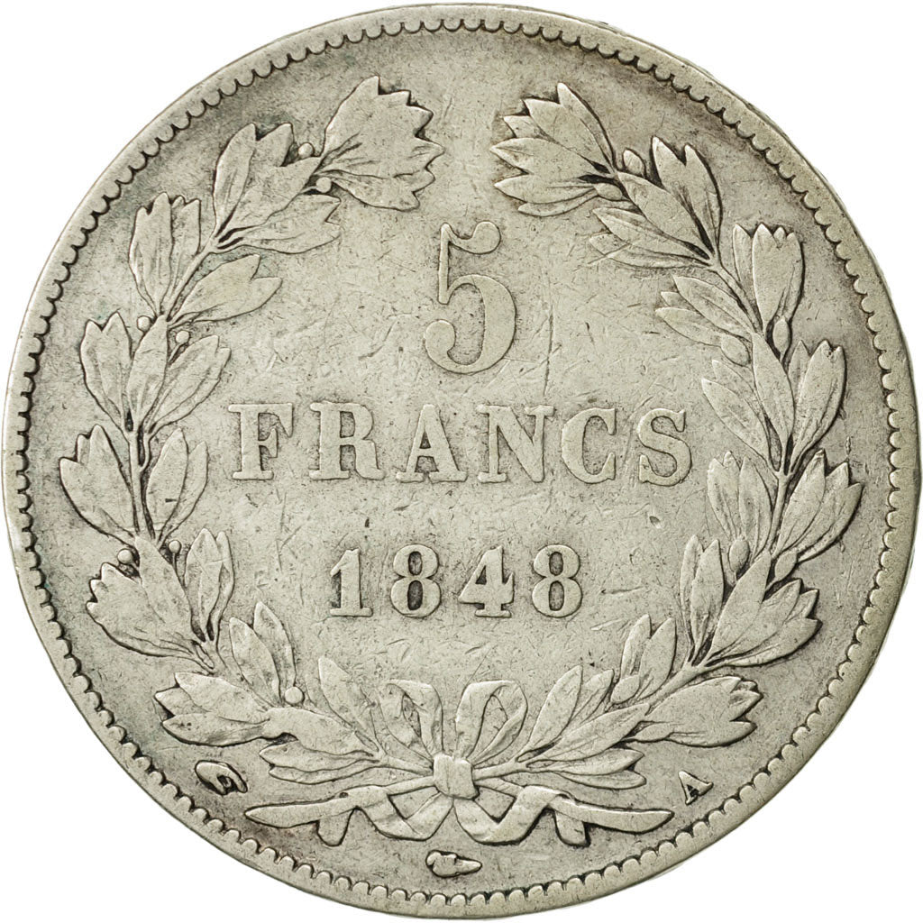 Moneda, Francia, Louis-Philippe, 5 Francs, 1848, Paris, BC+, Plata, KM:749.1