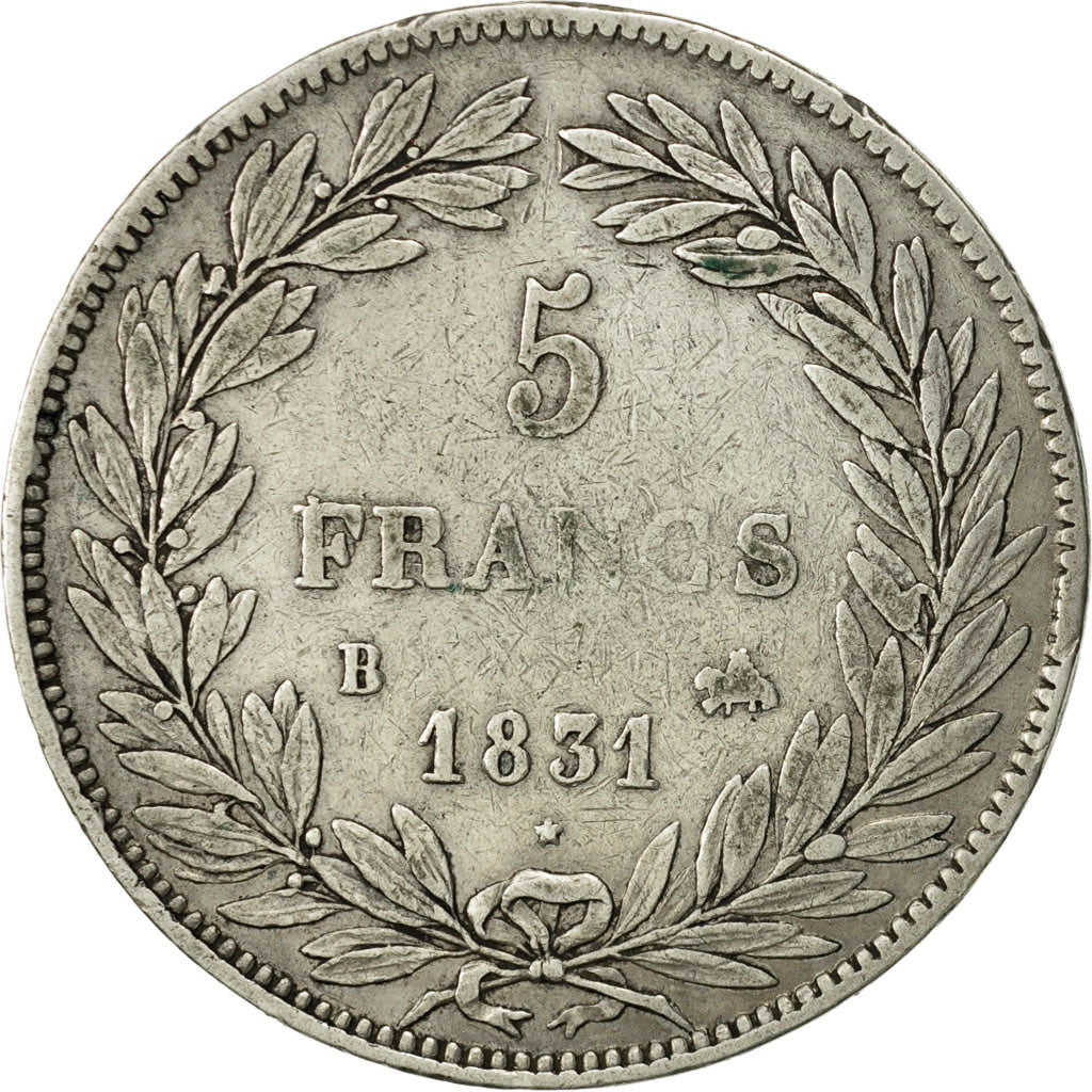 Moneda, Francia, Louis-Philippe, 5 Francs, 1831, Rouen, BC+, Plata, KM:735.2