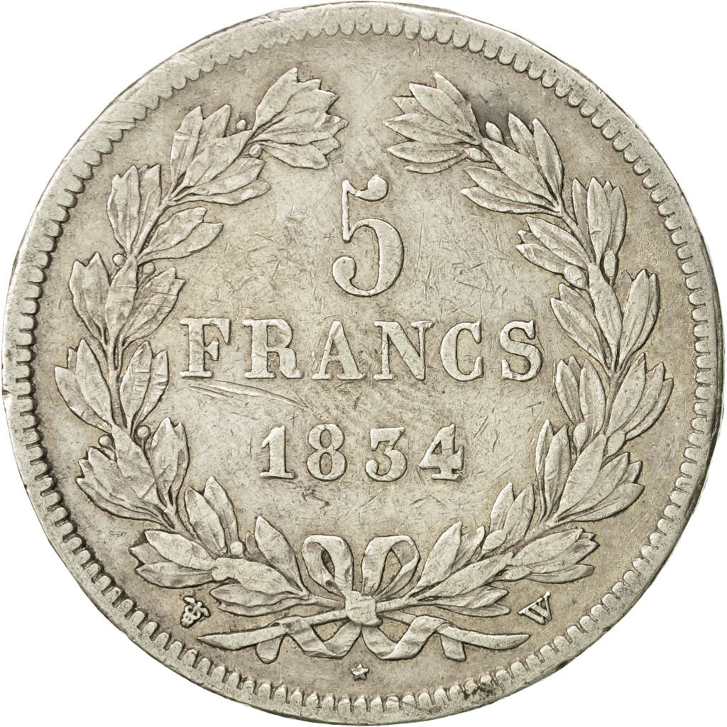Moneda, Francia, Louis-Philippe, 5 Francs, 1834, Lille, BC+, Plata, KM:749.13