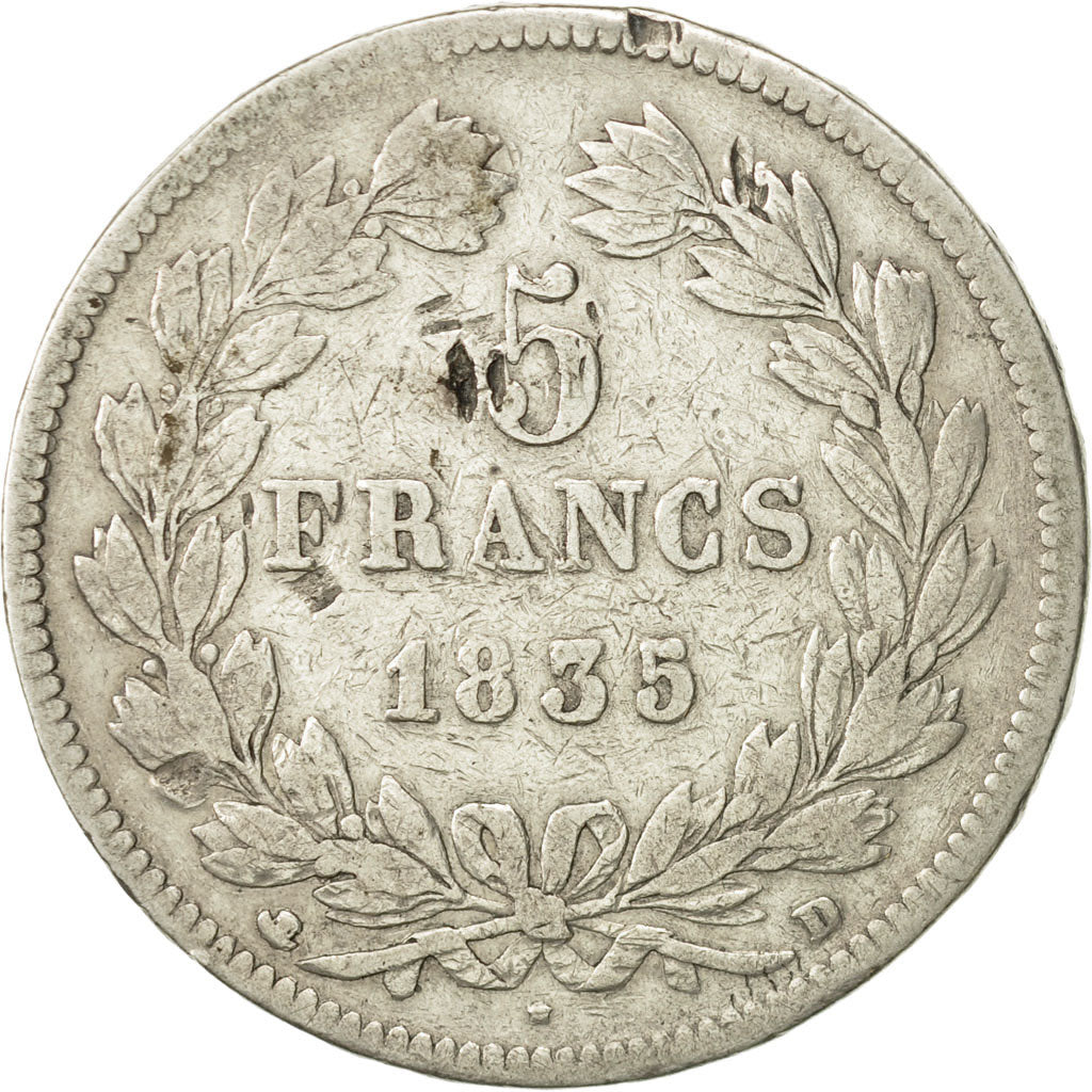Moneda, Francia, Louis-Philippe, 5 Francs, 1835, Lyon, BC+, Plata, KM:749.4