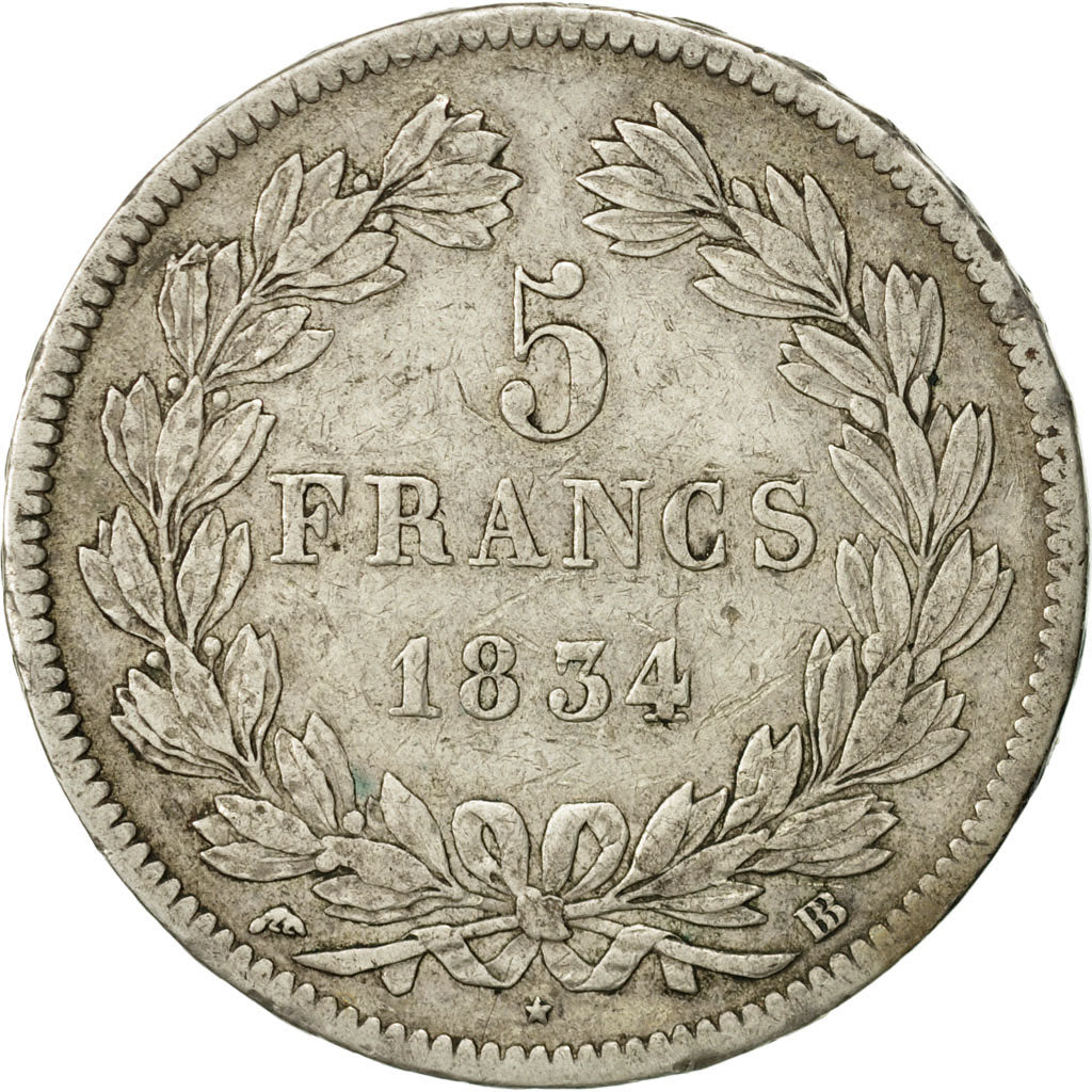 Coin, France, Louis-Philippe, 5 Francs, 1834, Strasbourg, VF(30-35), Silver