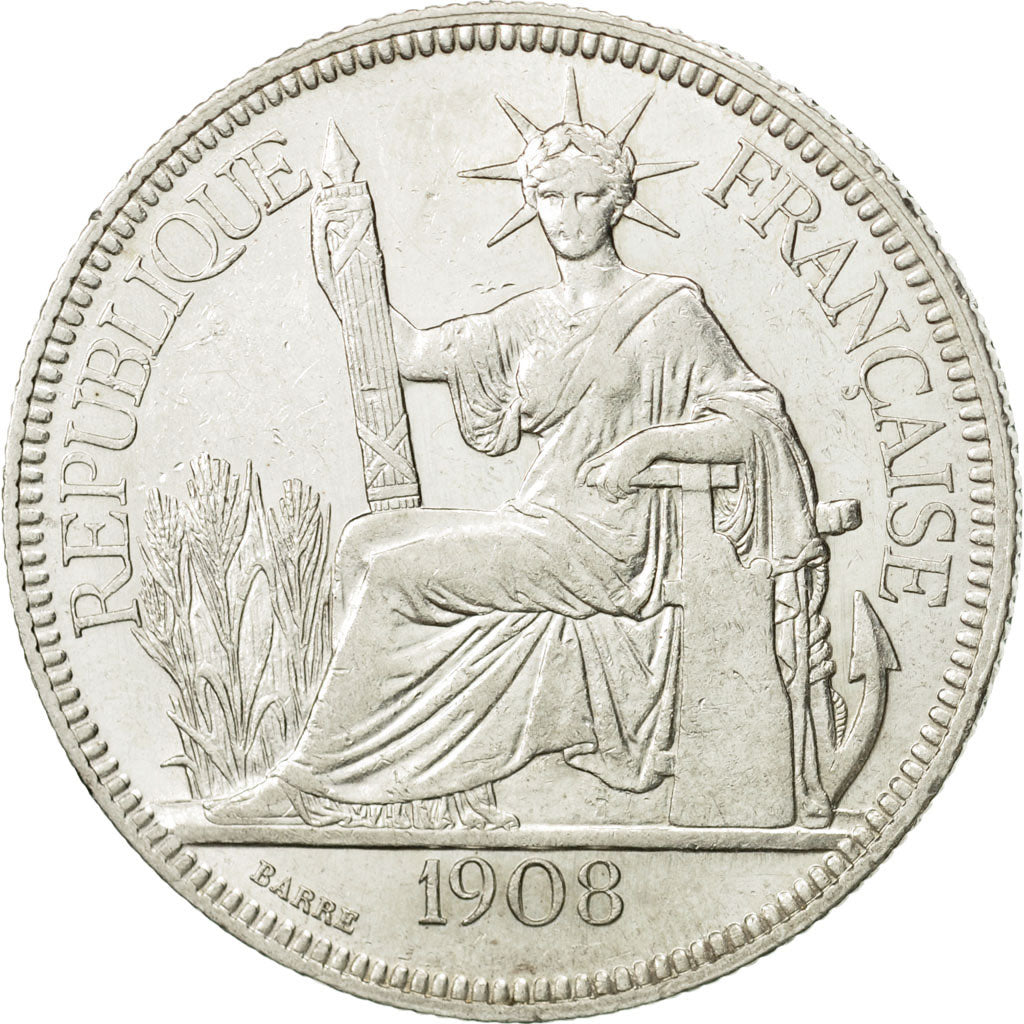 FRENCH INDO-CHINA, Piastre, 1908, Paris, AU(50-53), Silver, KM:5a.1