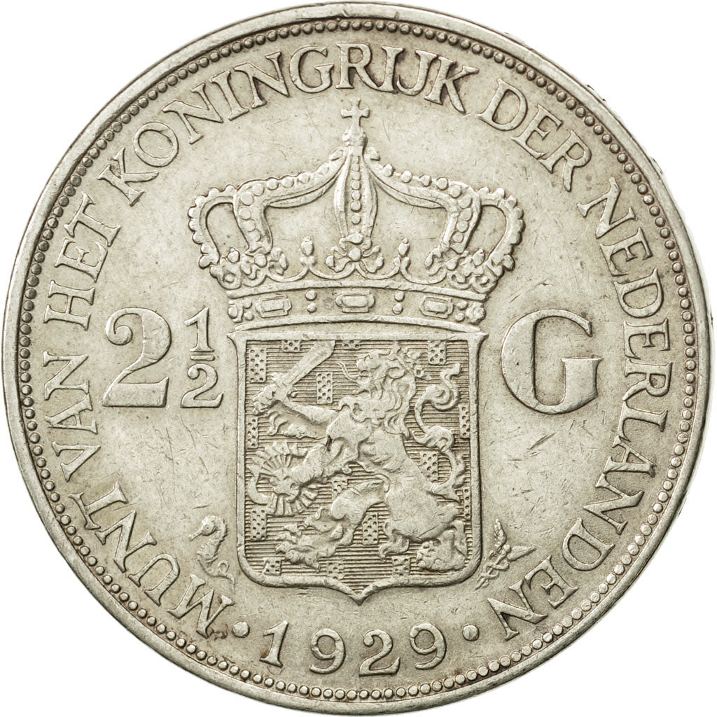 Coin, Netherlands, Wilhelmina I, 2-1/2 Gulden, 1929, EF(40-45), Silver, KM:165