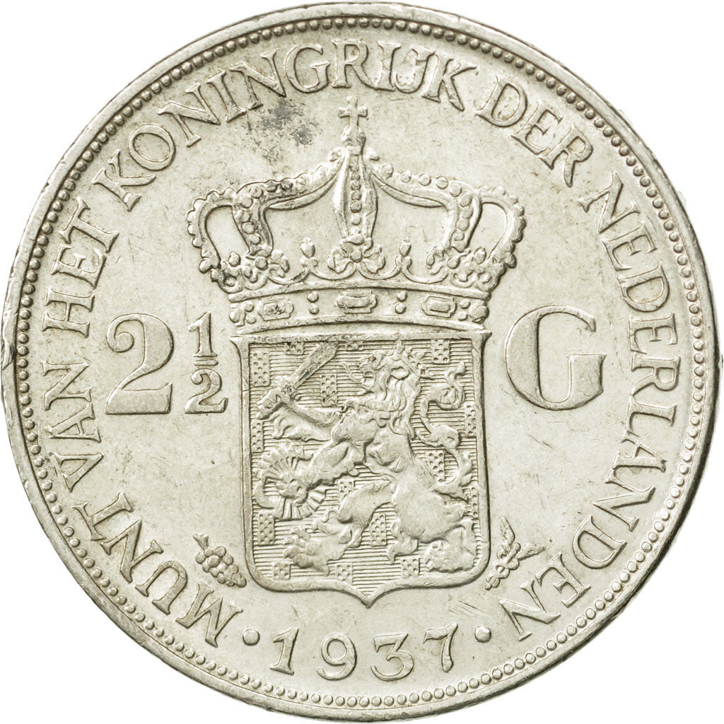 Coin, Netherlands, Wilhelmina I, 2-1/2 Gulden, 1937, AU(50-53), Silver, KM:165