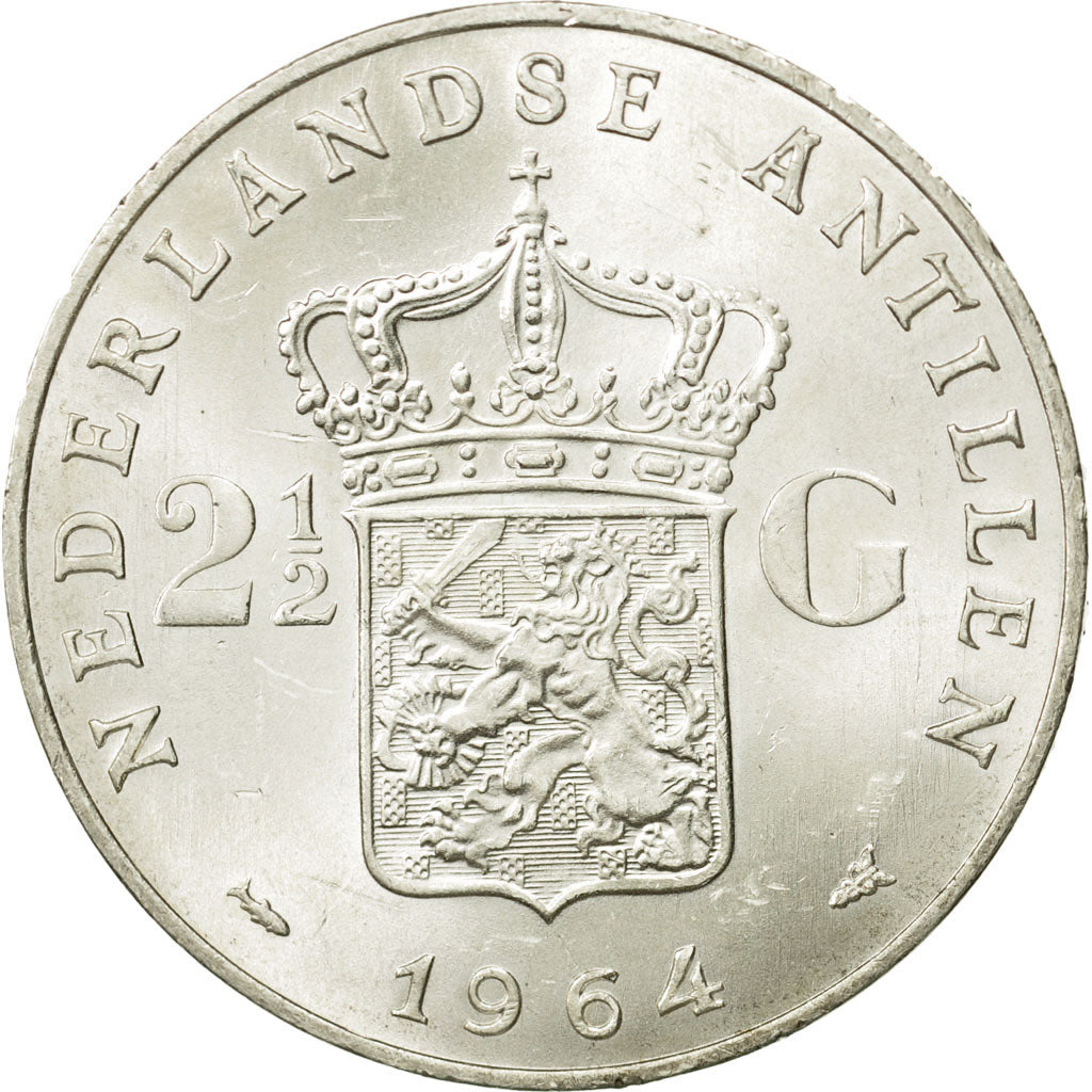 Netherlands Antilles, Juliana, 2-1/2 Gulden, 1964, AU(55-58), Silver, KM:7