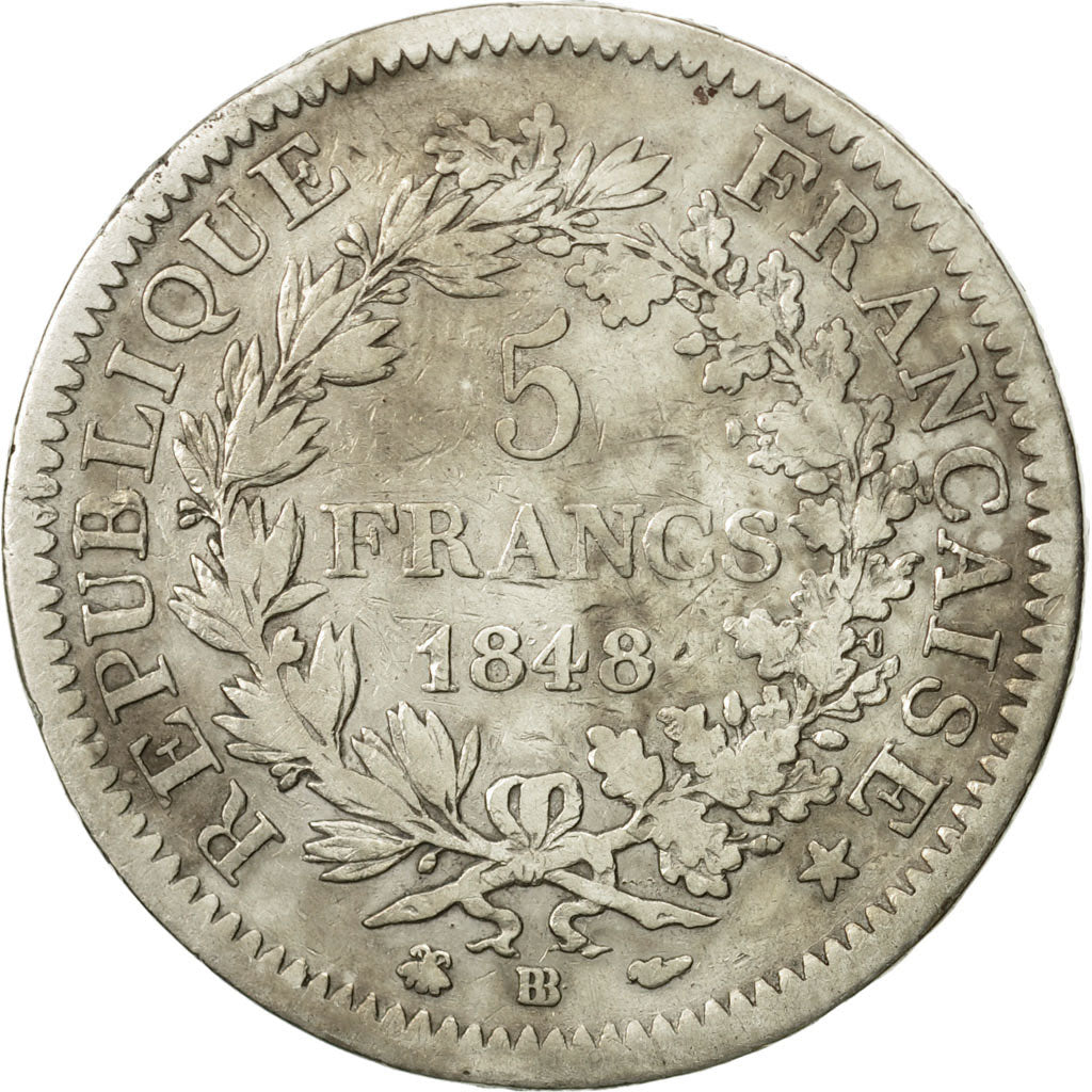 Münze, Frankreich, Hercule, 5 Francs, 1848, Strasbourg, S+, Silber, KM:756.2