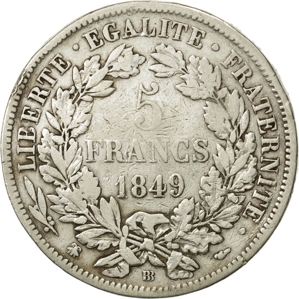 Coin, France, Cérès, 5 Francs, 1849, Strasbourg, VF(20-25), Silver, KM:761.2